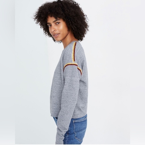 Madewell Embroidered Stripe Trim Cropped Sweat Shirt Grey SZ S - Picture 3 of 10